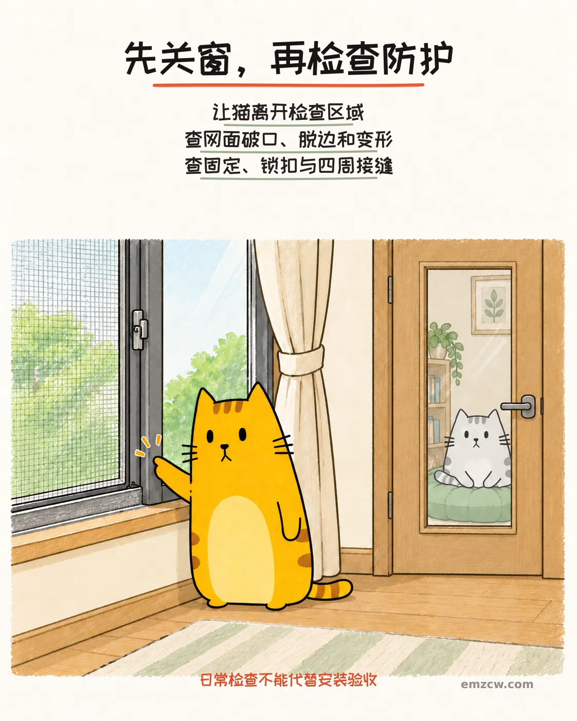二猫子一只查看关闭玻璃窗前的网框固定处,另一只待在关闭房门后的软垫上,说明检查网面、固定与四周接缝