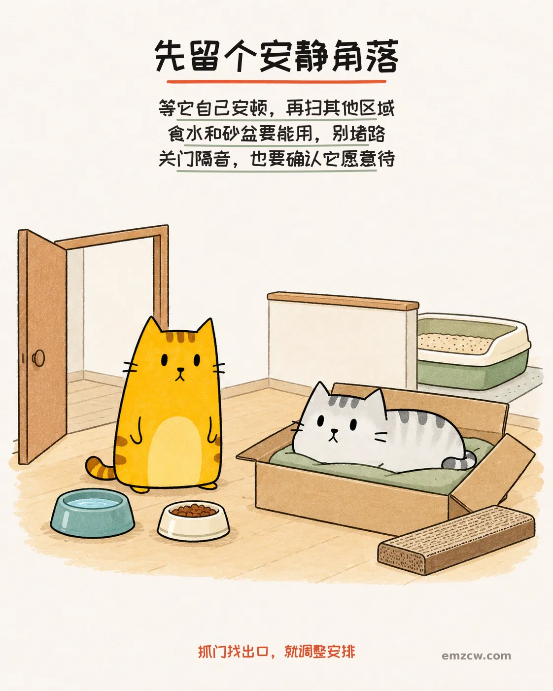 二猫子在安静房间的纸箱、食水、猫砂盆和抓板旁,门口通路留空,说明先让猫自主安顿且确认它愿意留下