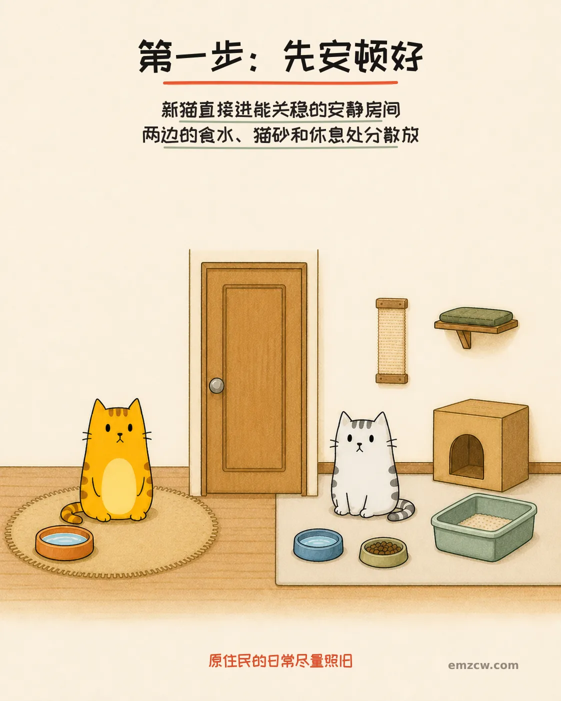二猫子分处关稳的房门两侧,新猫房内备有食水、猫砂盆、躲藏箱、抓板和高处,说明先独立安顿