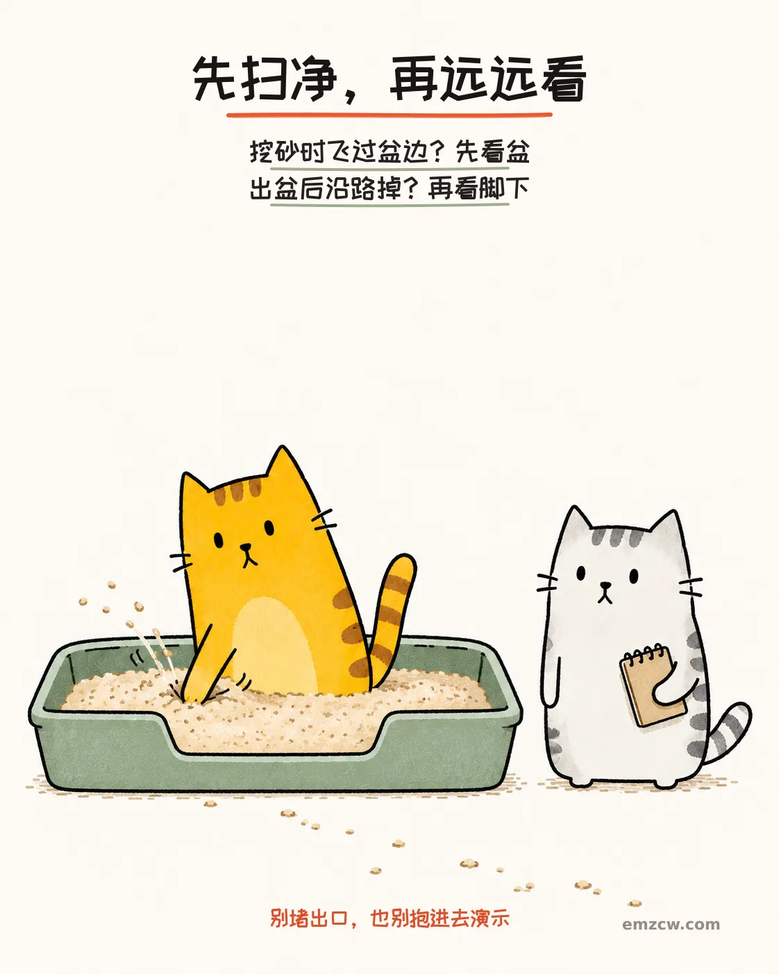 二猫子一只在宽敞砂盆里自然挖砂,另一只在盆侧拿着记录本,文字提醒先扫净、站远观察散砂路径,不堵出口也不抱猫进盆演示