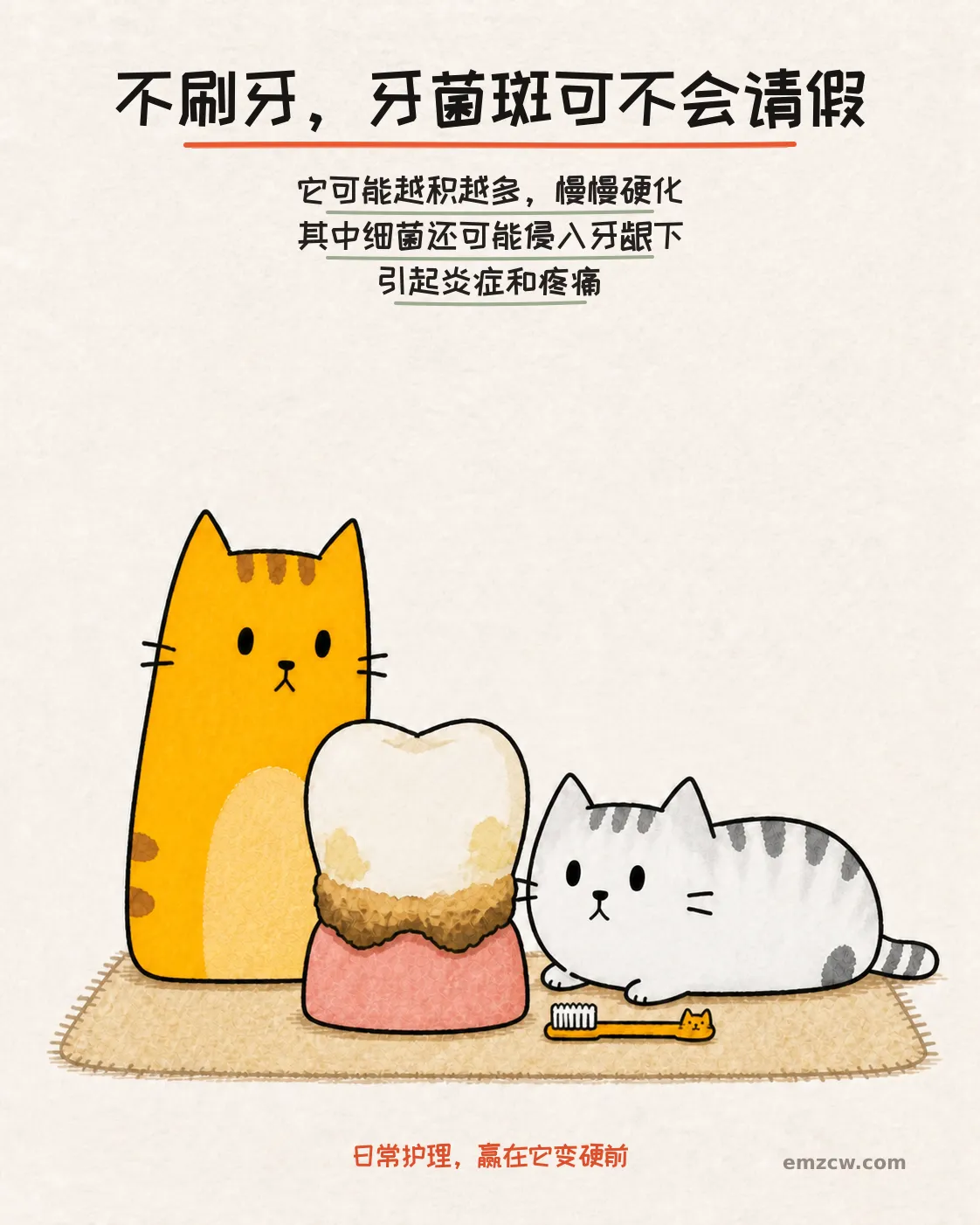 橘猫和银渐层看着带有牙菌斑和褐色硬沉积的牙齿模型,说明牙菌斑可能硬化并影响牙龈
