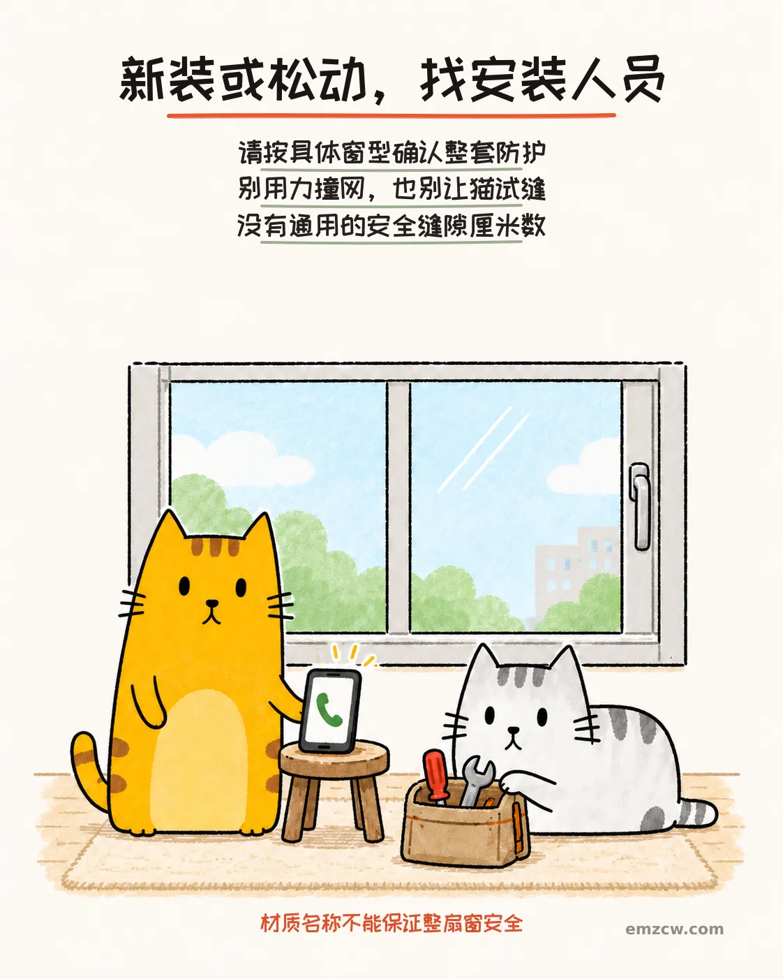 二猫子在关闭的窗户、电话和工具包旁准备联系安装人员,说明新装或松动要现场确认,不撞网也不让猫试缝