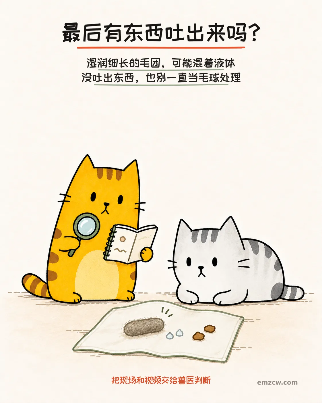 二猫子查看布巾上的细长毛团、液体和食物并做记录,提醒把现场和视频交给兽医判断