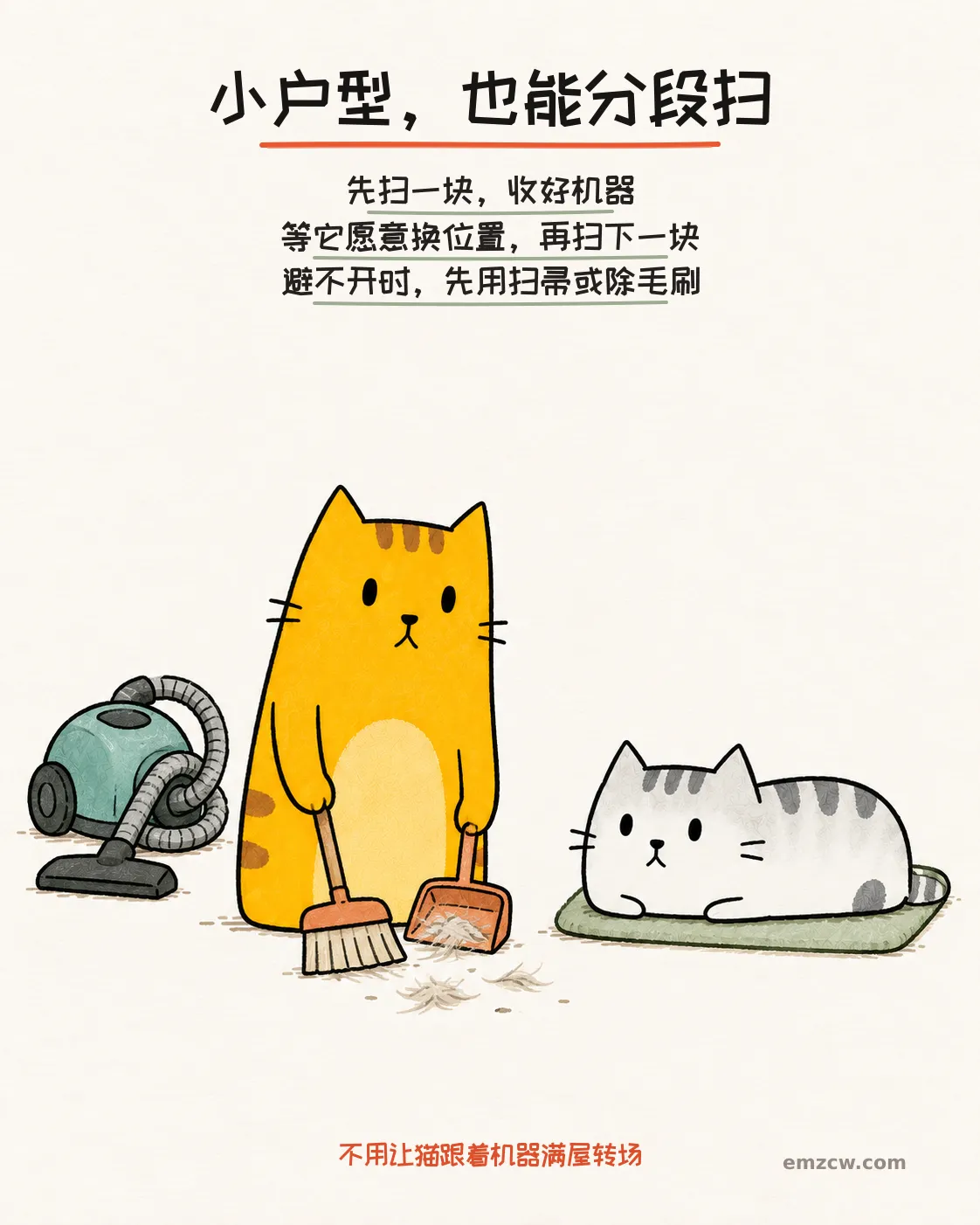 二猫子一只用扫帚和簸箕清理局部猫毛,另一只在软垫上休息,说明分段清扫并等猫愿意换位置再扫下一块