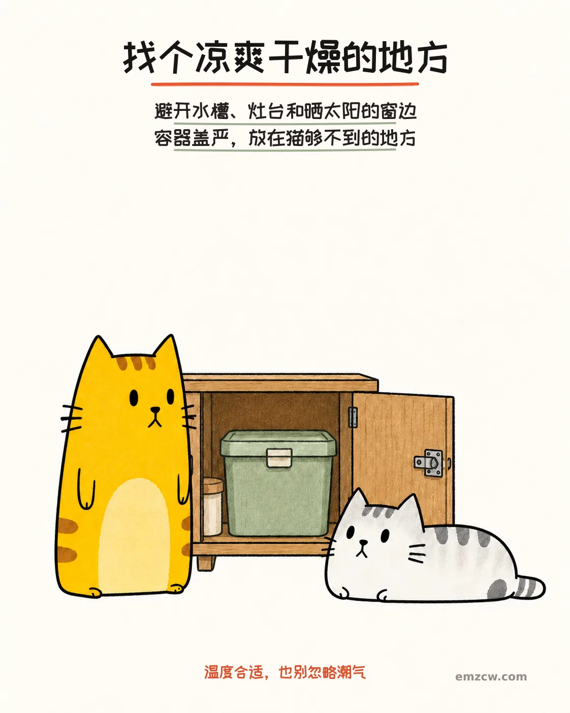 二猫子在有门扣的木柜旁查看盖好的储粮桶,说明储粮位置要凉爽干燥、避开水热日晒并让猫够不到