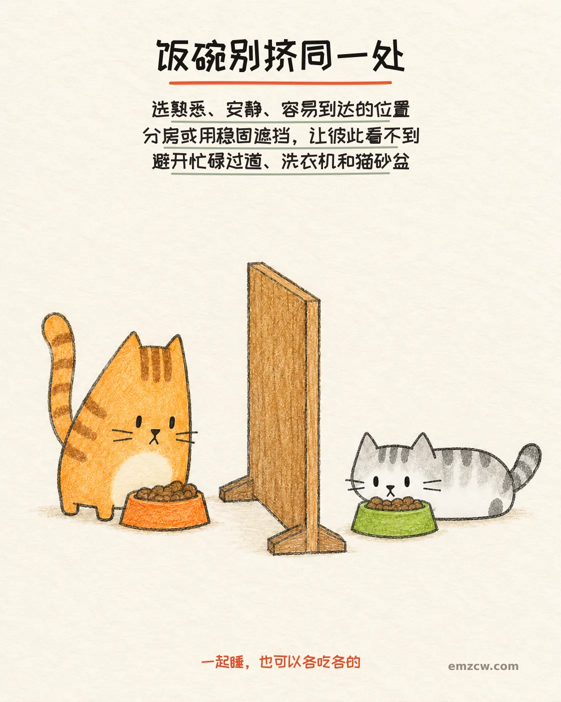 二猫子在稳固不透明挡板两侧各自面对饭碗,说明进食位置要熟悉安静、容易到达,并避开过道、洗衣机和猫砂盆