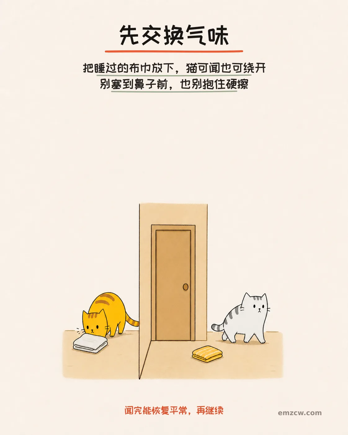 二猫子在封闭房门两侧分别闻和绕开对方睡过的布巾,说明先交换气味且不强迫