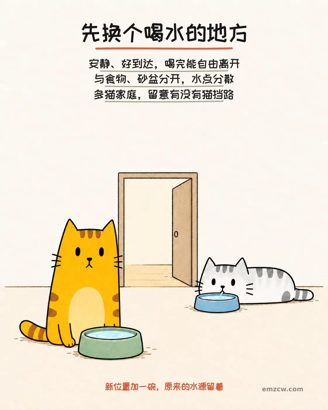 二猫子守在分散摆放的两只水碗旁,中间通路和门口保持畅通,说明水点应安静好到达且不挡退路