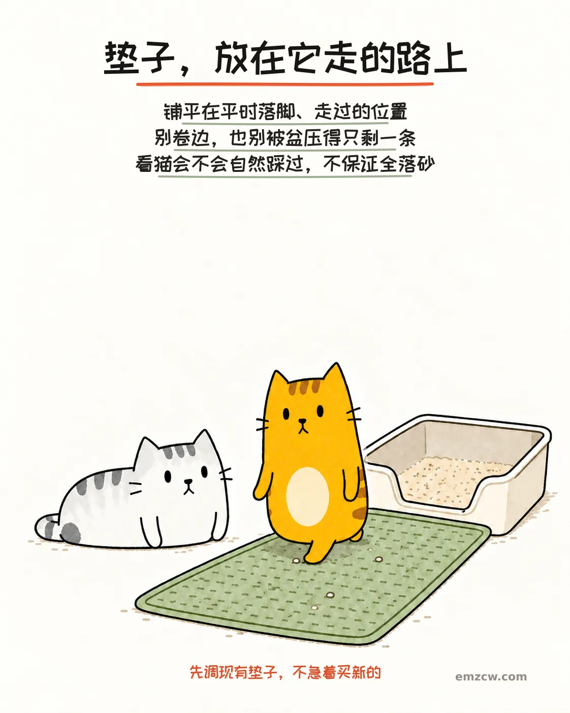 二猫子一只自主走过砂盆出口前平铺的落砂垫,另一只在旁安静看着,说明垫子顺着自然路线放且不能保证收住全部散砂