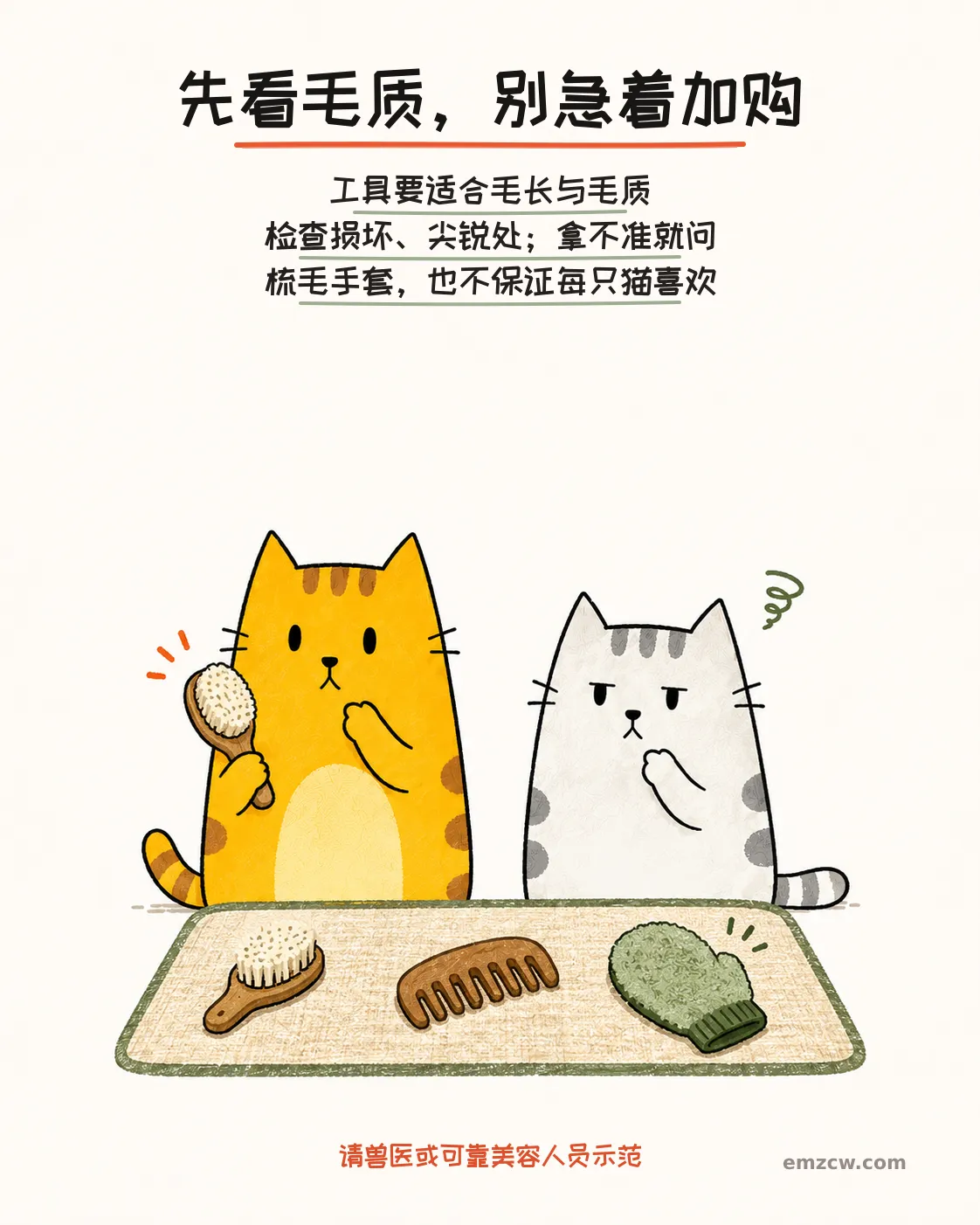二猫子一起查看软刷、梳子和梳毛手套,说明工具要适合毛长毛质,拿不准时请专业人员示范