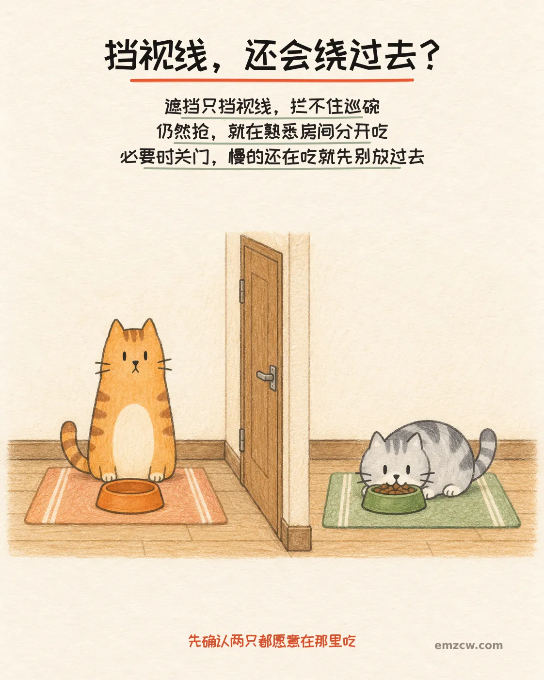 二猫子隔着关闭的室内房门各自待在熟悉的餐垫上,一只仍在吃饭,说明挡视线拦不住巡碗,必要时分房且先确认都愿意进食