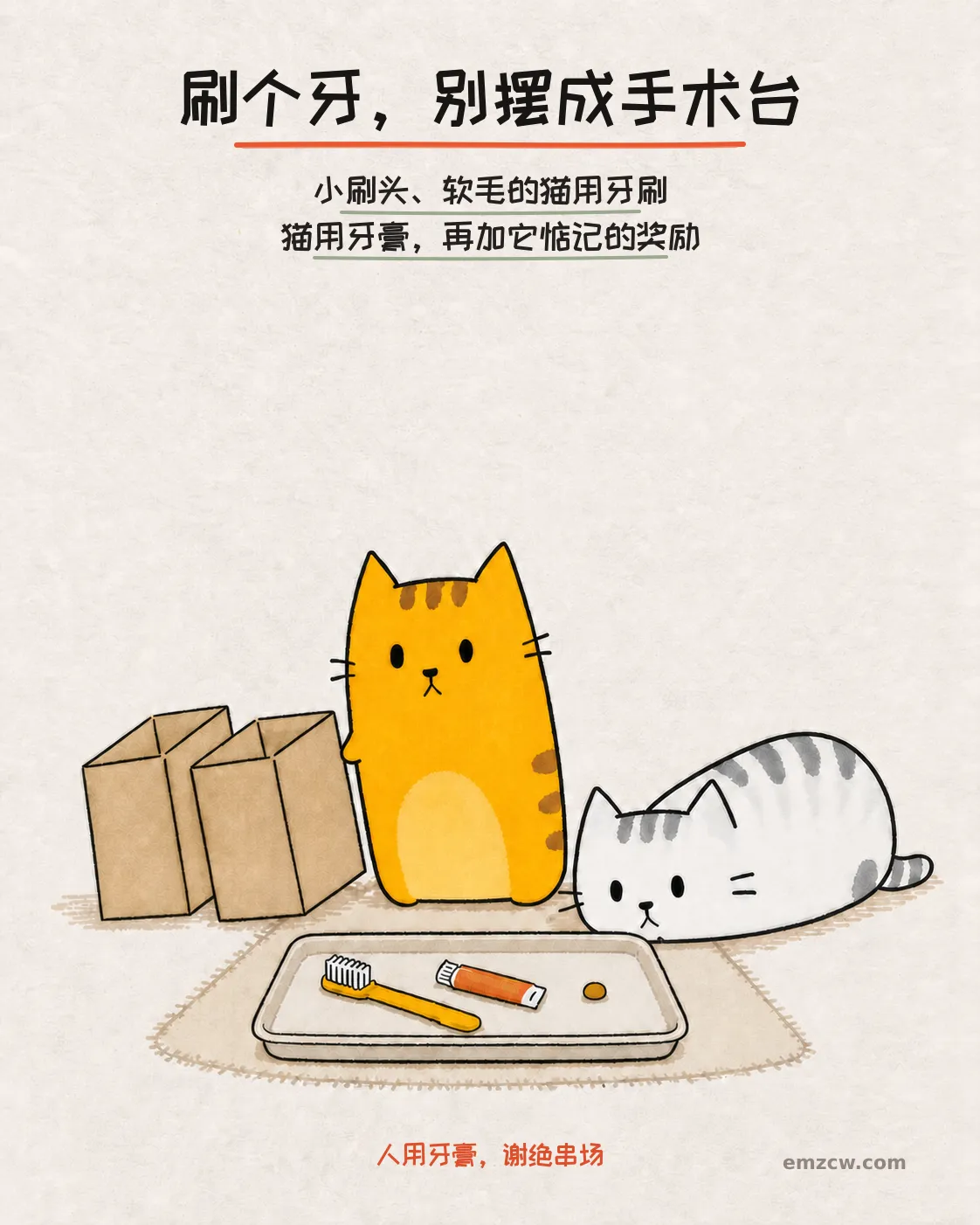 橘猫和银渐层看着小刷头软毛猫用牙刷、猫用牙膏和奖励,说明基础工具不用摆成手术台