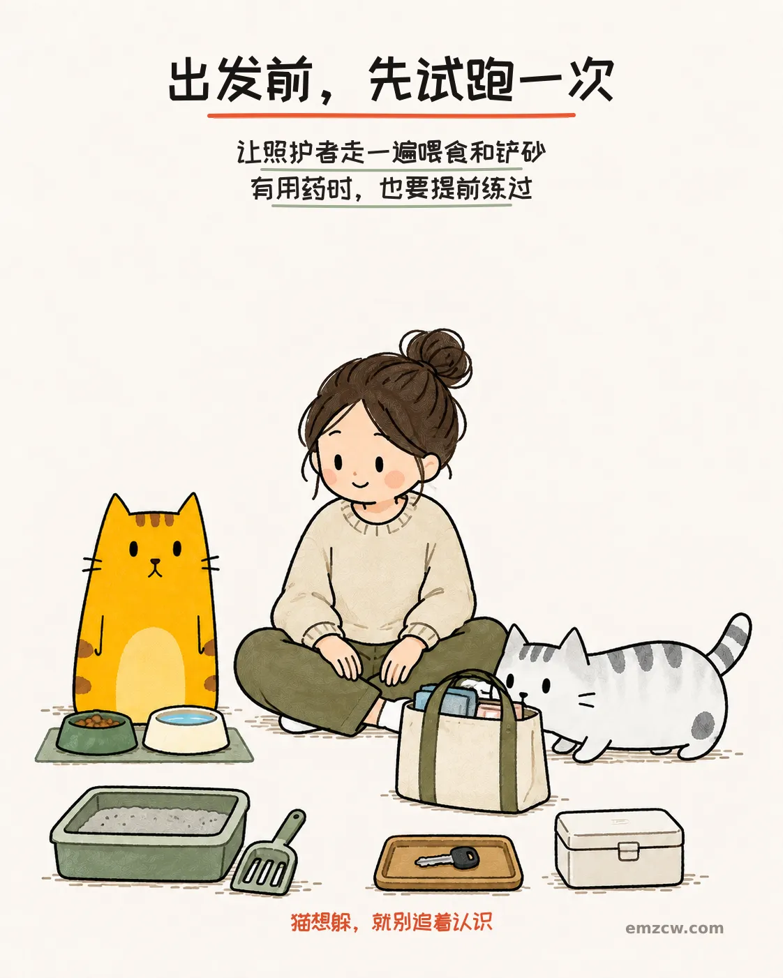 二猫子和提前来试跑的照护者在食水、猫砂、钥匙和用品旁熟悉照护流程