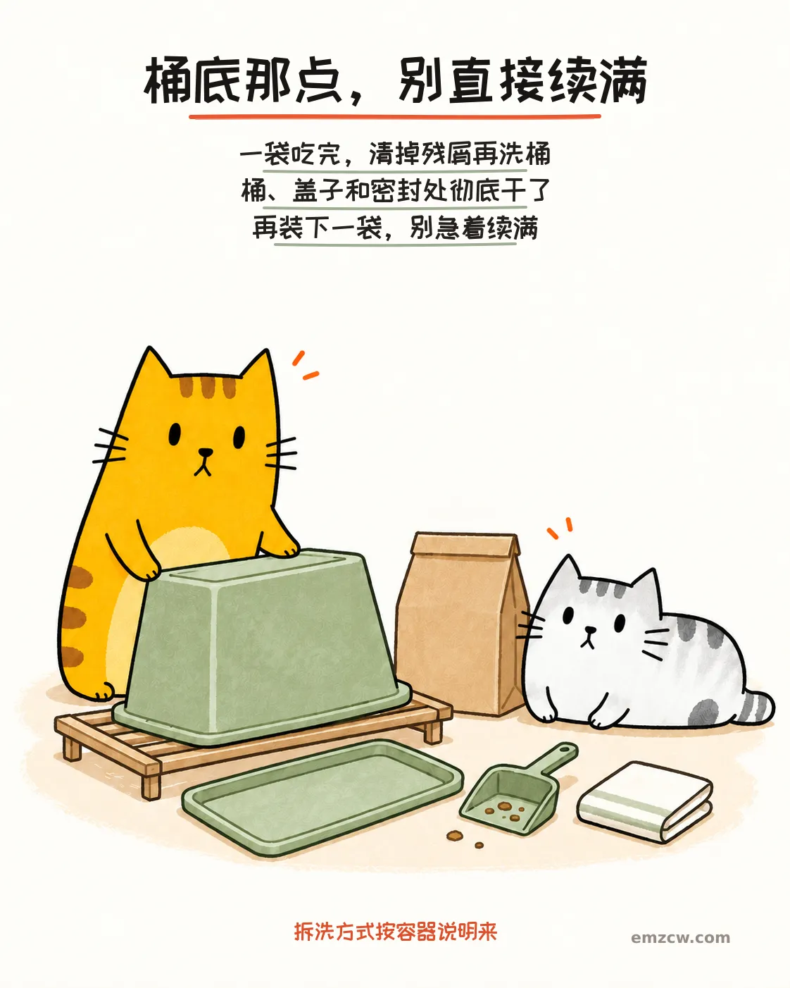 二猫子一只查看倒扣晾干的储粮桶,另一只守着未开封粮袋,桶盖分开放置,说明一袋吃完清洗并彻底晾干再装新粮