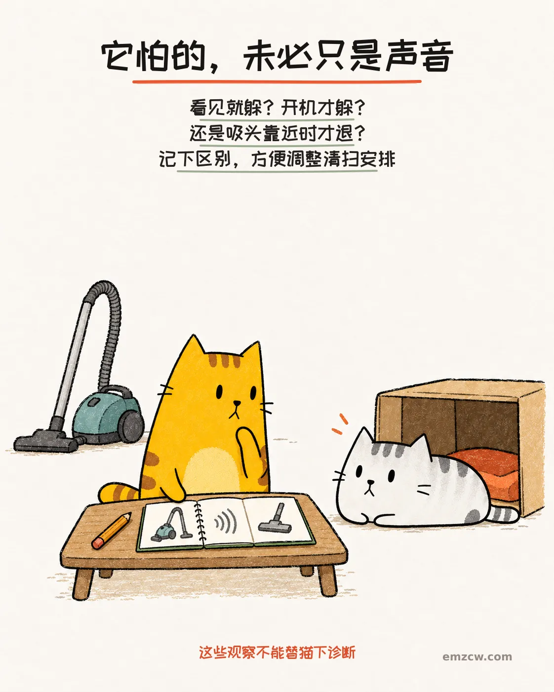 二猫子一起看着画有机器、声波和吸头的记录本,旁边吸尘器静止,说明观察不同刺激而不据此下诊断