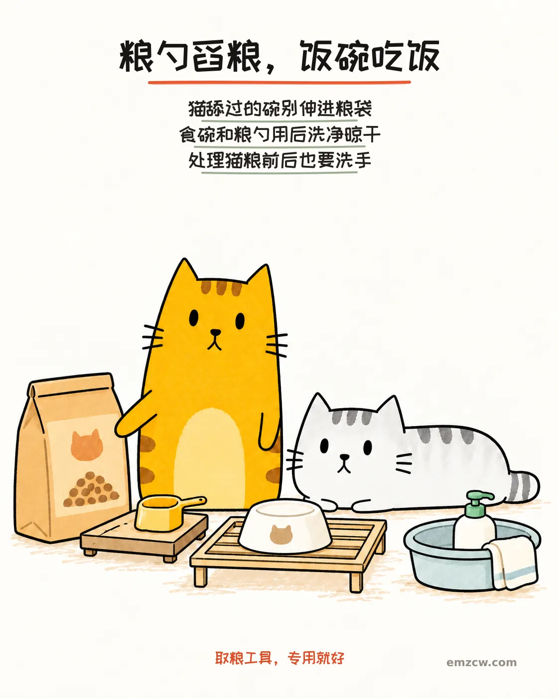 二猫子看着专用粮勺、晾干的食碗、清洗盆和皂液,说明不拿舔过的碗舀粮、器具用后洗净晾干且处理前后洗手