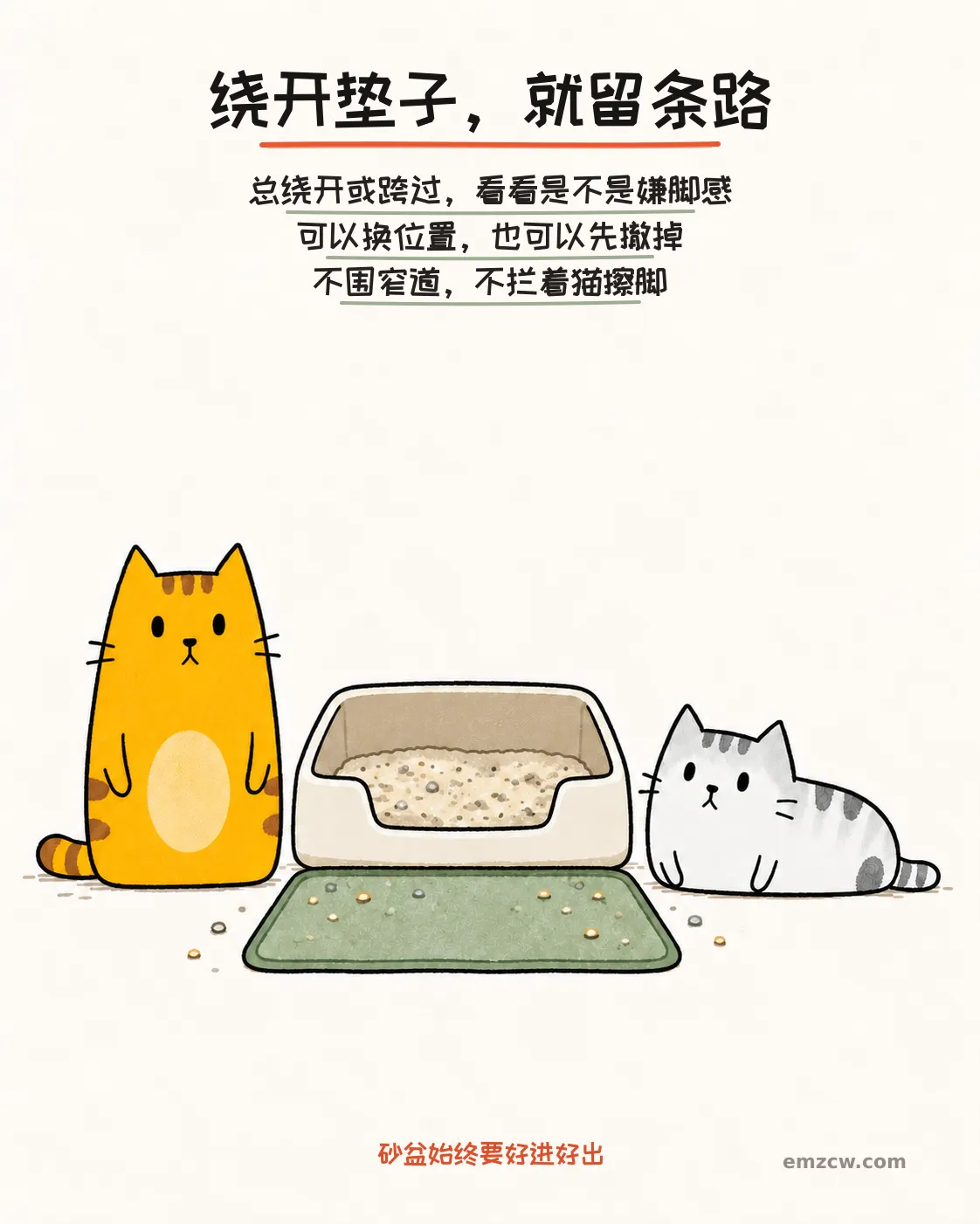 二猫子在砂盆与平铺落砂垫两侧自主停留,垫外通路畅通,说明回避垫面时可以调整或撤掉而不强迫踩垫