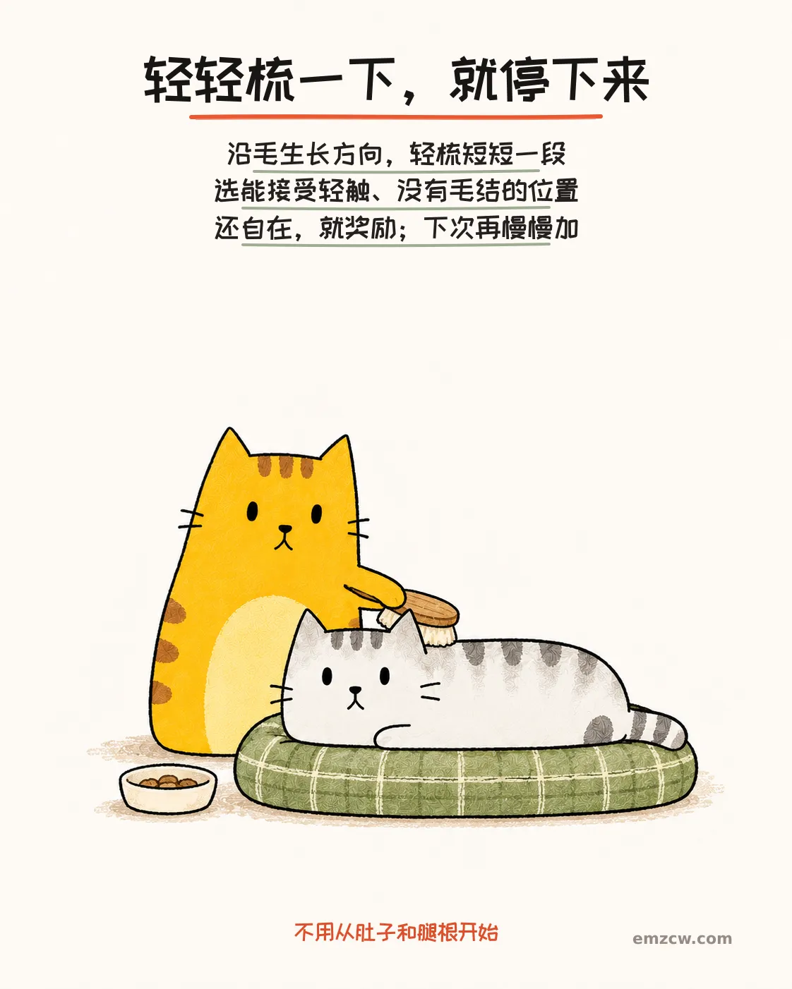 二猫子一只用软刷轻梳同伴肩后背毛,另一只放松卧在软垫上,旁边有奖励,说明顺毛轻梳短短一段就停