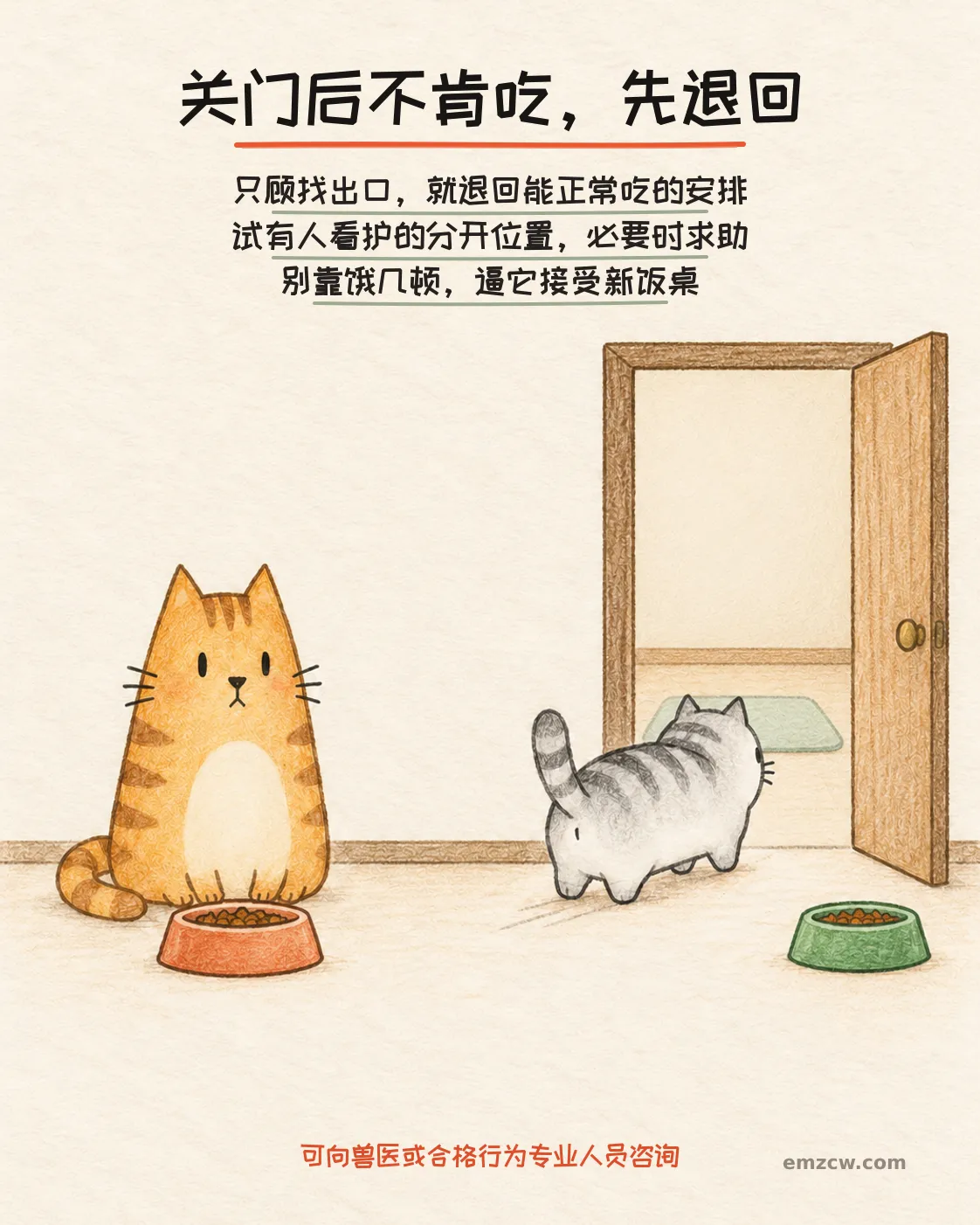 二猫子一只从打开的室内房门离开,饭碗仍有食物,另一只安静等待,说明关门后只顾找出口时退回能正常进食的安排,不靠挨饿逼迫