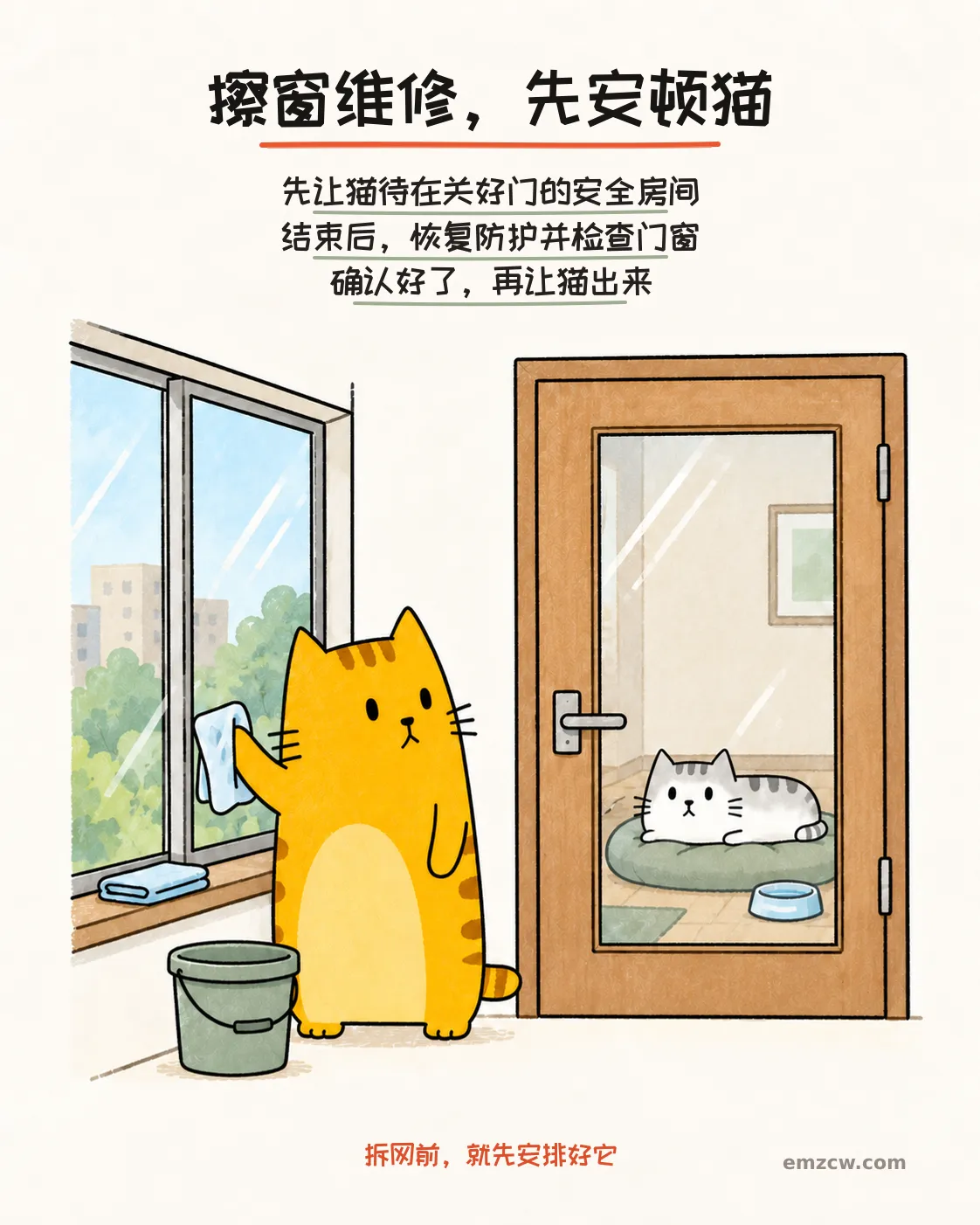 二猫子一只擦拭关闭的玻璃窗,另一只在关闭房门后的软垫和水碗旁休息,说明拆网维修前先安顿猫