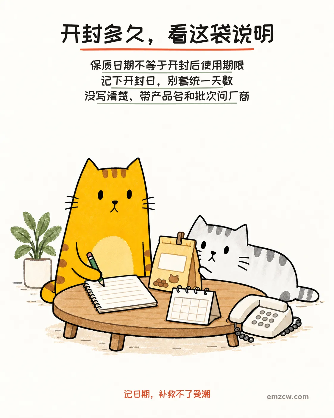 二猫子在夹好的粮袋、空白日历、笔记本和电话旁记录开封信息,说明保存期限按产品要求,没写清楚就问生产商