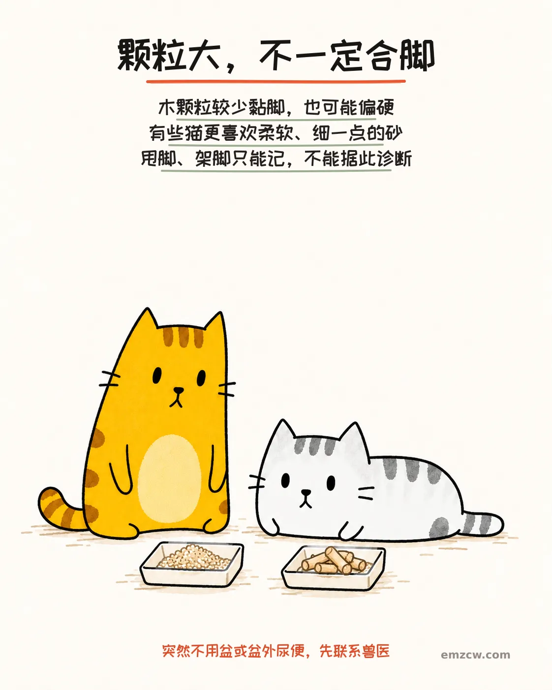 二猫子一起查看小托盘里的细砂与木颗粒,说明较少黏脚也要考虑触感,甩脚不能据此诊断且突然不用盆或盆外尿便应先联系兽医