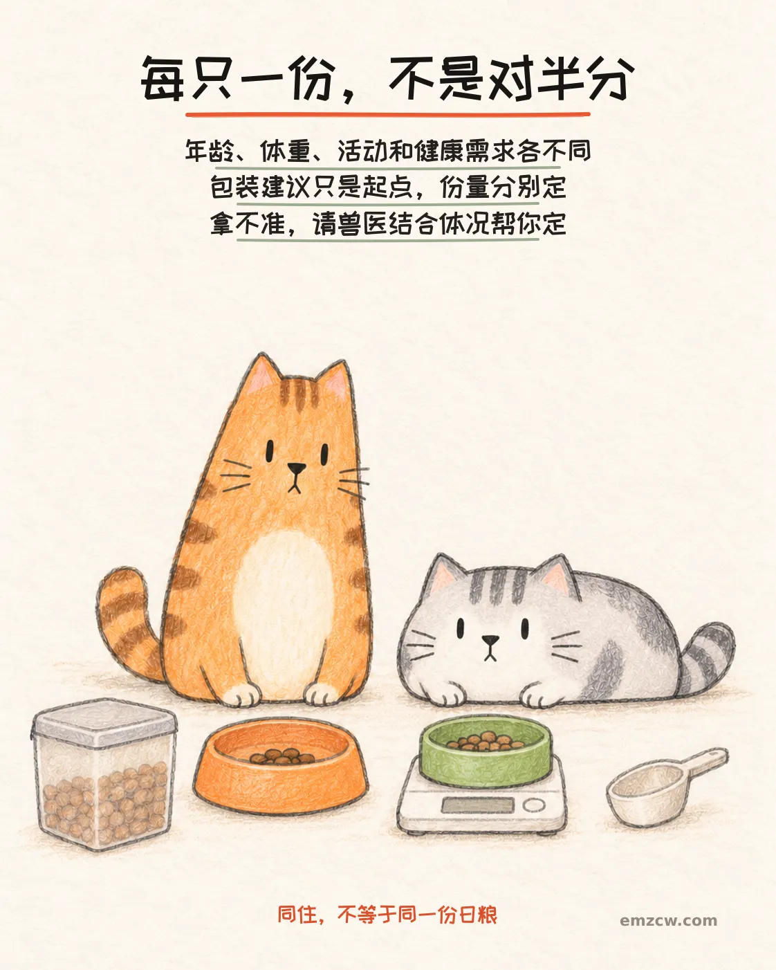 二猫子查看两只分别装好食物的碗、空白显示的厨房秤和量勺,说明年龄体重活动及健康需求不同,每只日粮要分别确定