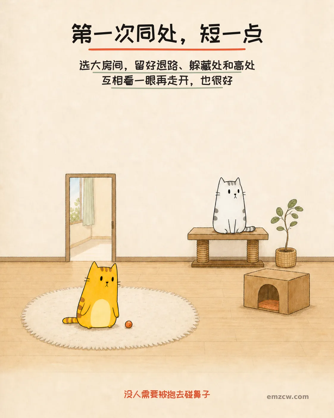 二猫子在有退路、躲藏箱和高处的宽敞房间里各自活动,说明首次同处不必强行靠近