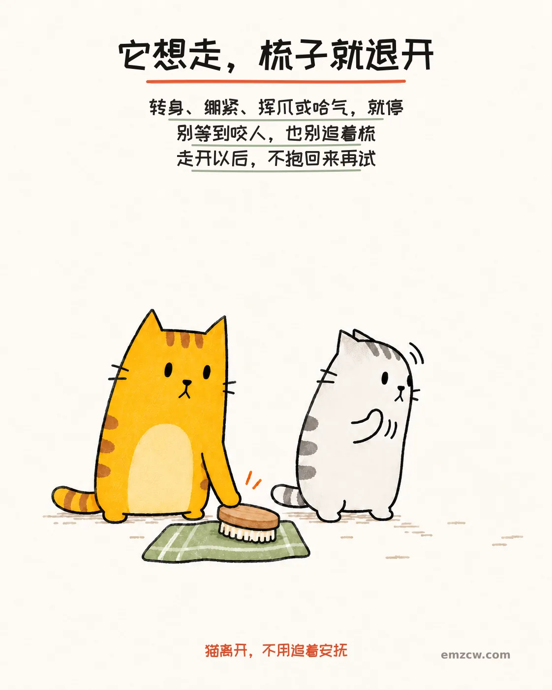二猫子一只转身准备离开并抬起前爪,另一只把梳毛刷放回布巾,说明想走、绷紧、挥爪或哈气时立即停止
