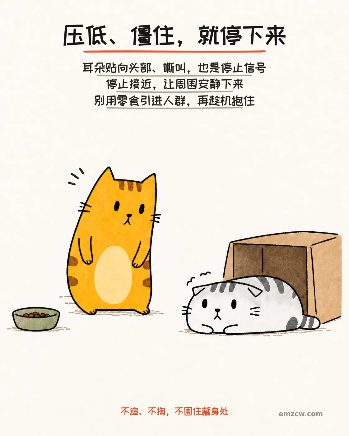二猫子一只压低身体并把耳朵贴向头部,另一只放下前爪退开,零食放在远处,说明看到紧张信号就停止接近