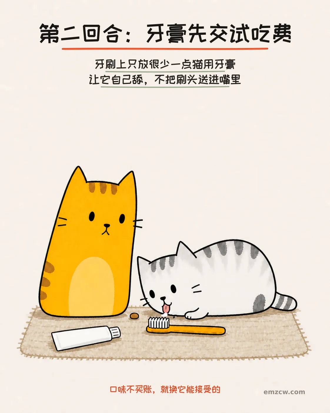银渐层主动舔牙刷上的一点猫用牙膏,橘猫在旁边安静等待,演示不把刷头送进嘴里