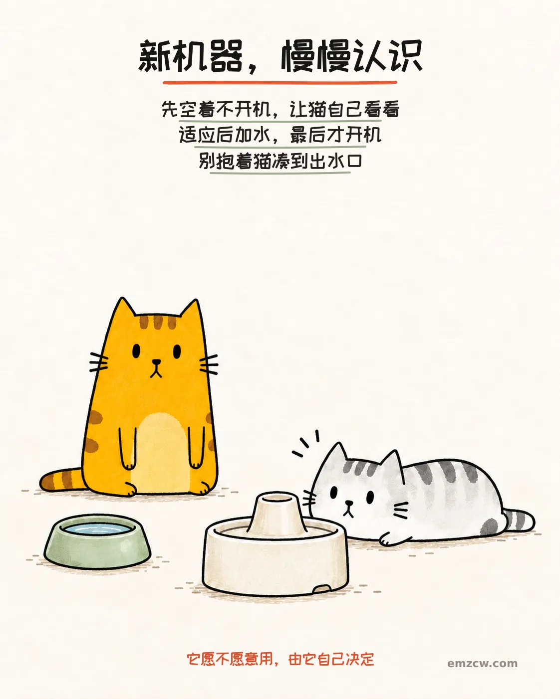 二猫子一只自主查看空着且未开机的饮水机,另一只保持距离,普通水碗仍有清水,说明新设备逐步引入而不抱猫靠近