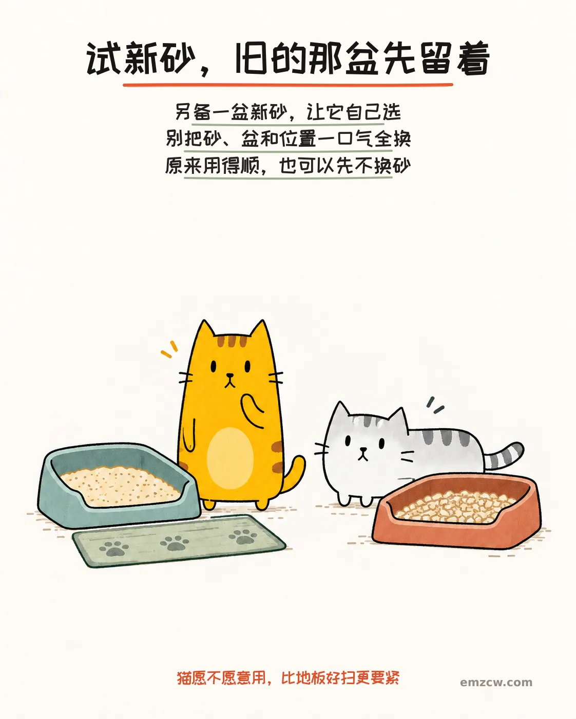 二猫子站在分别装有熟悉细砂和新砂的两个开放式砂盆旁,说明试新砂时保留原来那盆且不同时更换砂盆和位置