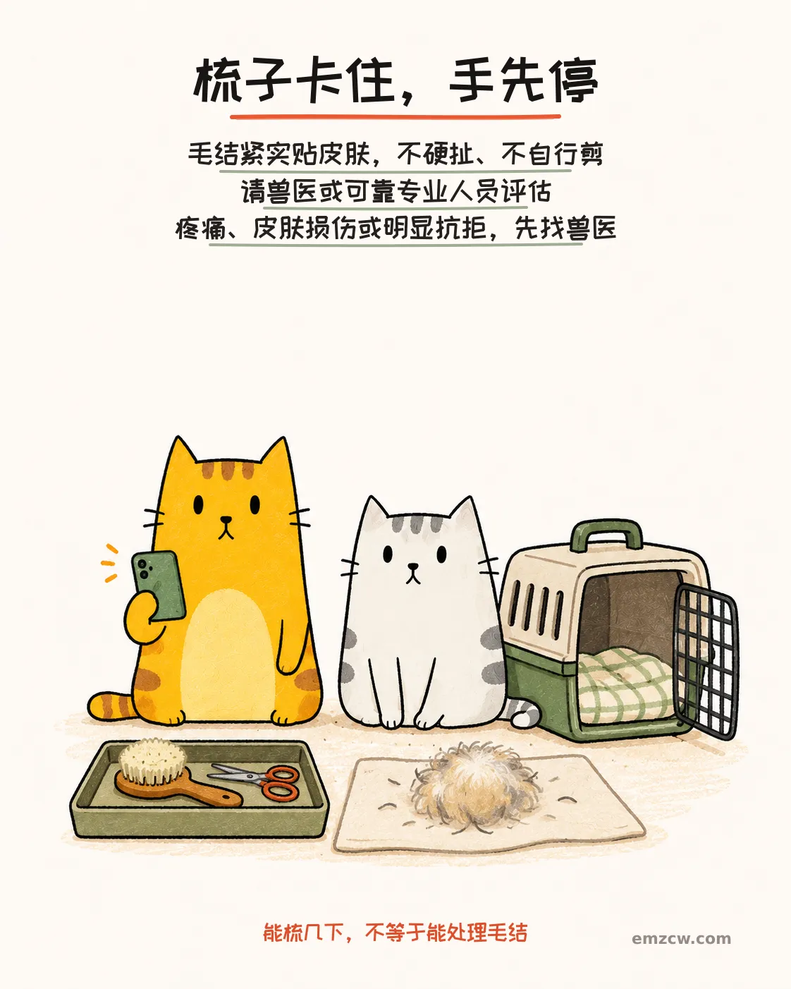二猫子在电话和航空箱旁准备求助,梳毛刷与剪刀留在远离身体的托盘里,说明紧实贴皮毛结不能硬扯或自行剪