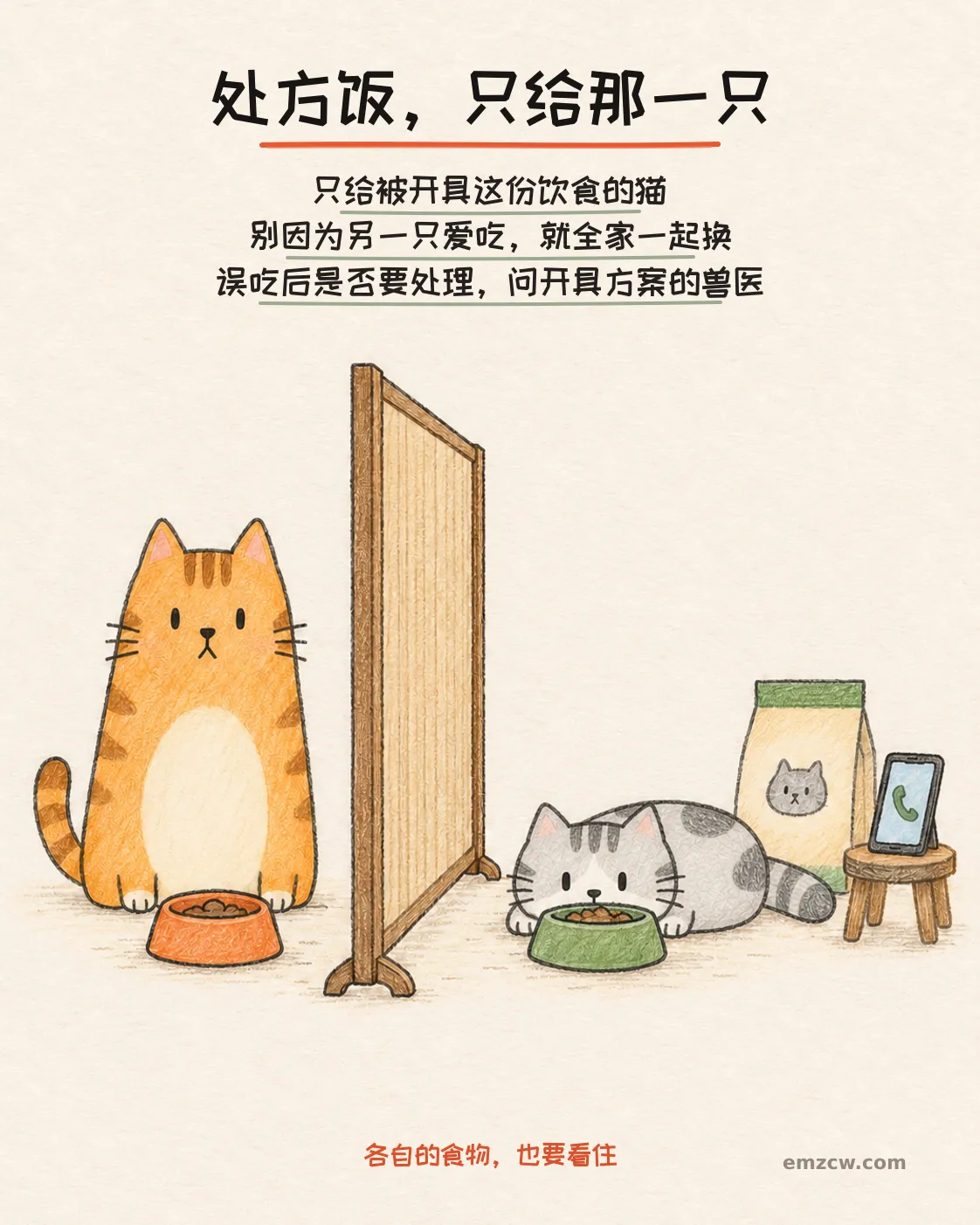 二猫子在挡板两侧各自面对饭碗,一侧摆着无字食物袋和电话,说明处方饮食只给被开具的猫,误吃后向开具方案的兽医询问