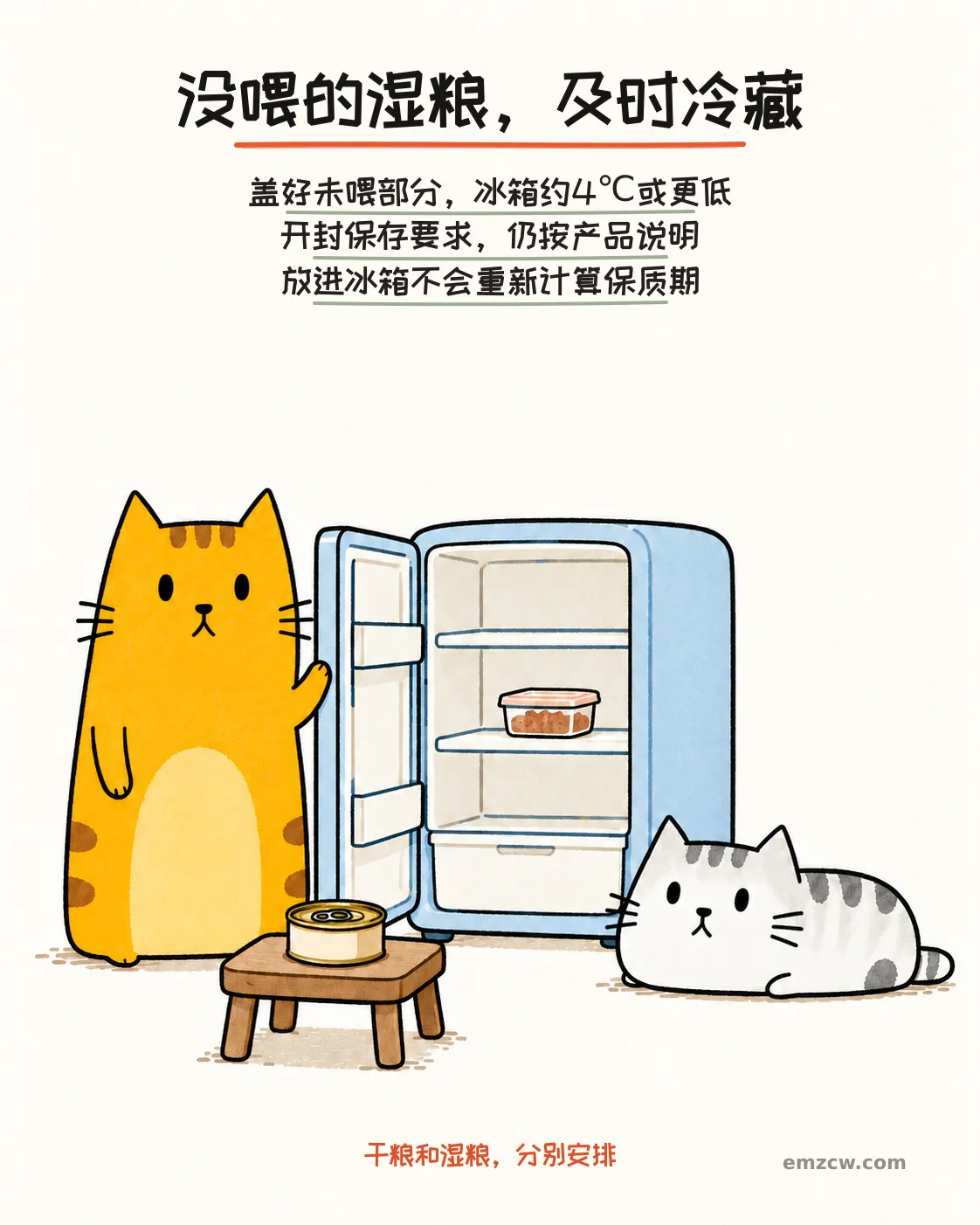 二猫子一只守着打开的冰箱门,另一只在旁看着,冷藏室放有盖好的未喂湿粮,说明及时冷藏且遵守产品要求
