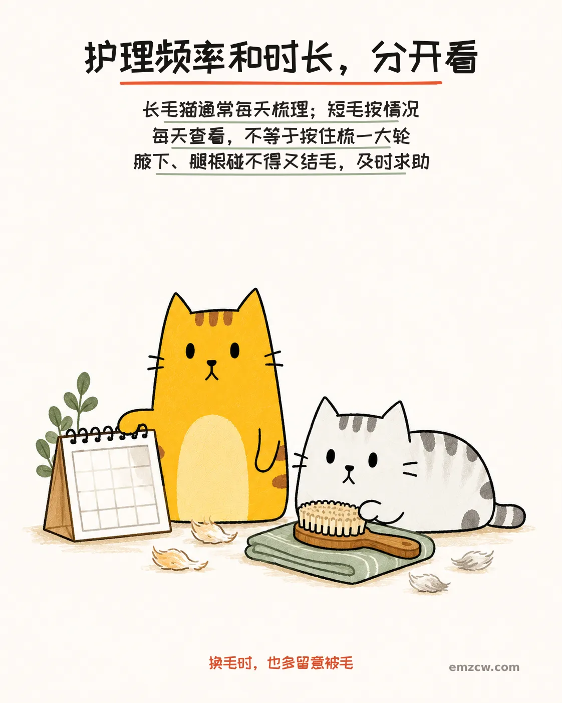 二猫子守着空白日历、梳毛刷和少量浮毛,说明护理频率与每次时长要分开,难触碰又结毛的部位需及时求助