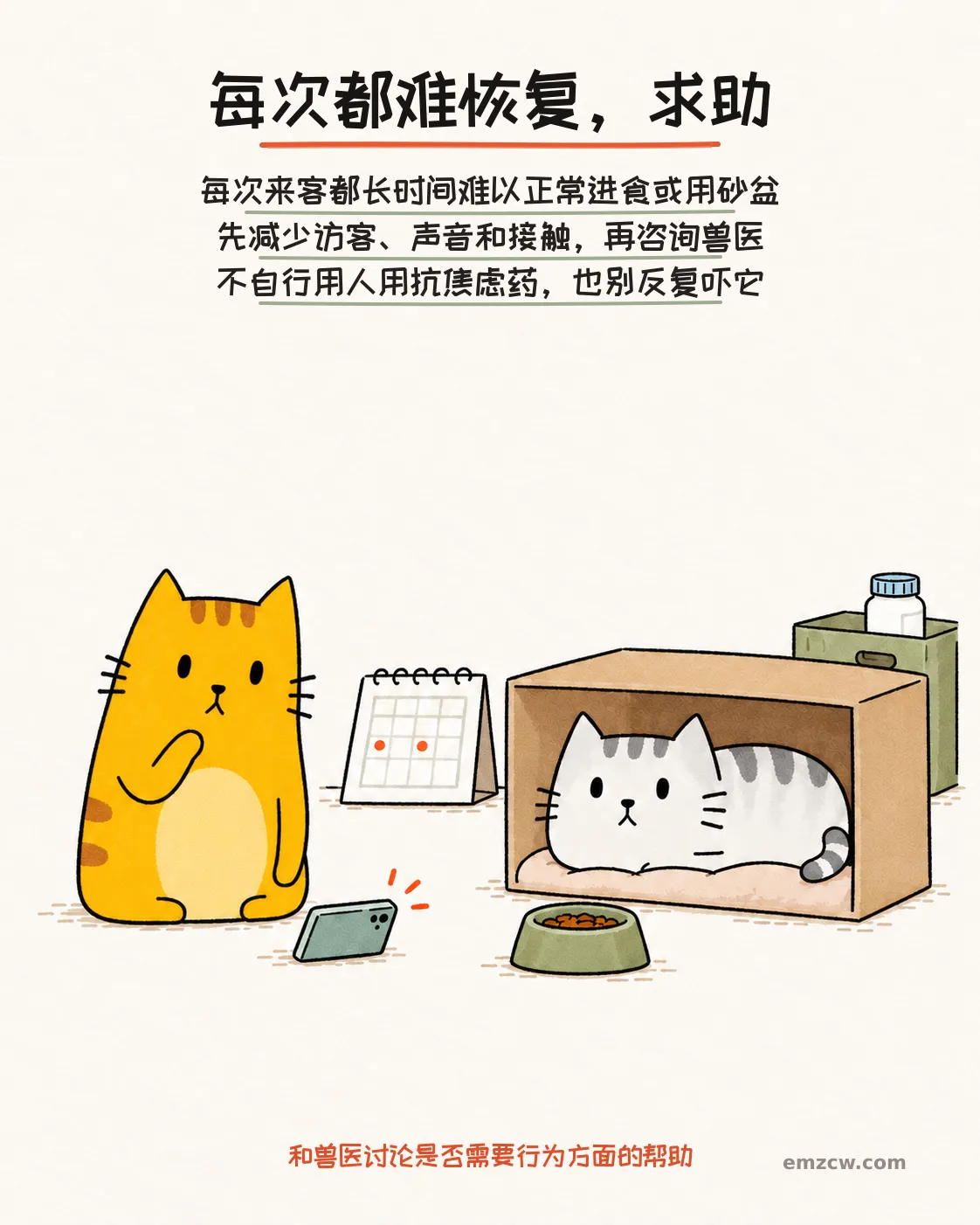 二猫子一只待在休息箱里,另一只在日历、手机和未动的饭碗旁准备咨询,说明每次来客都难以正常进食或用砂盆时要减少刺激并求助兽医