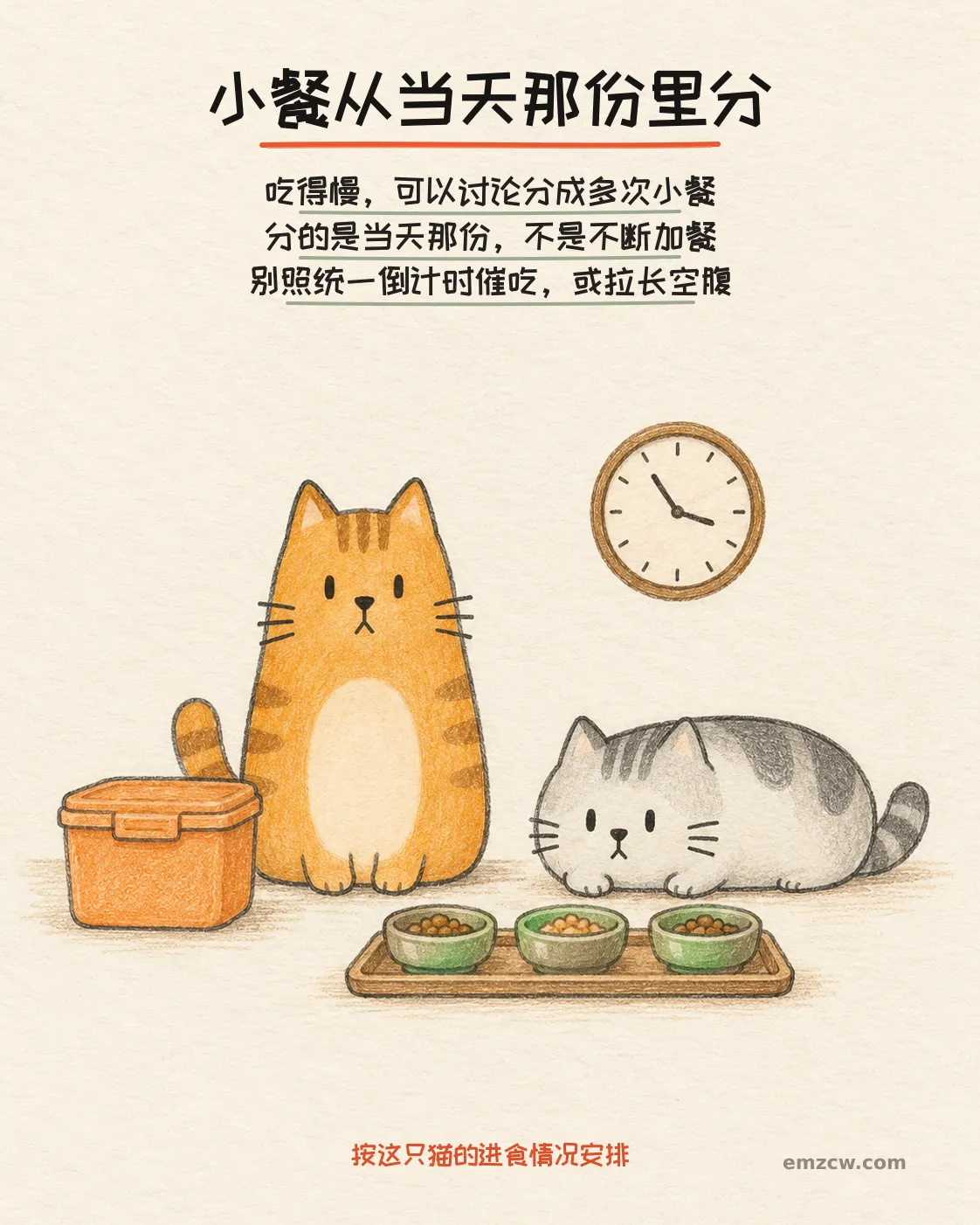 二猫子看着收纳盒、时钟和托盘上的三只小碗,均未进食,画面展示将当日日粮分为多次小餐,不在原有份量上不断加餐