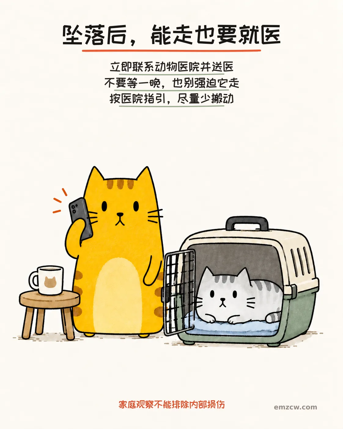 二猫子一只安静卧在铺有薄毛巾的航空箱中,另一只拨电话联系动物医院,提醒坠落后能走也要立即就医