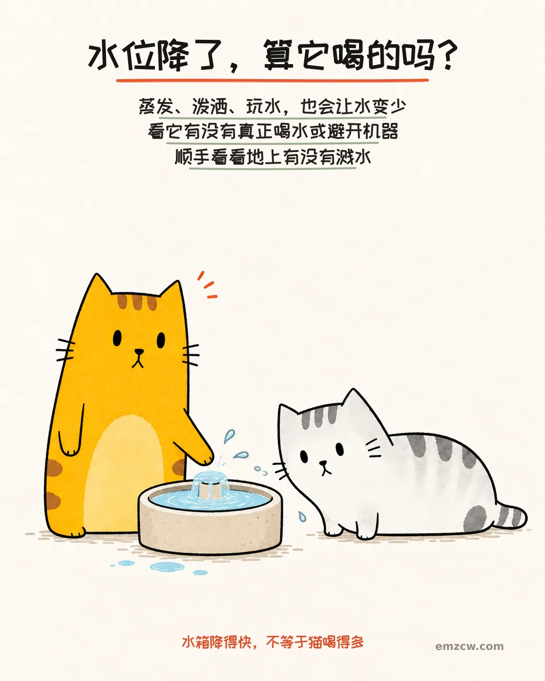 二猫子一只拨动饮水机水面溅出少量水滴,另一只看向地面,说明玩水和泼洒会影响水位且不能直接当成喝水量