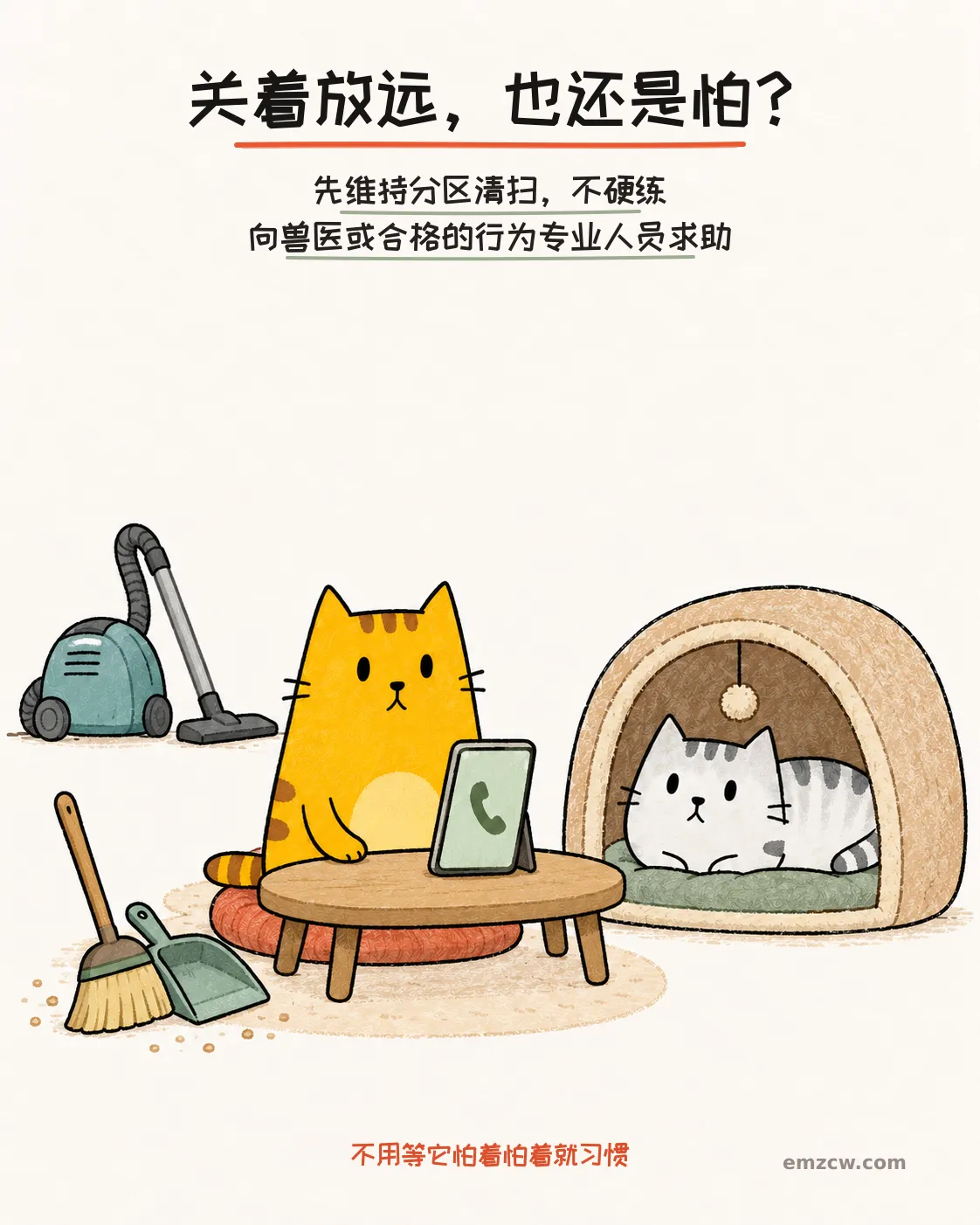 二猫子在电话、扫帚和休息处旁准备咨询,机器留在远处,说明关机放远仍紧张时先分区清扫并寻求专业帮助