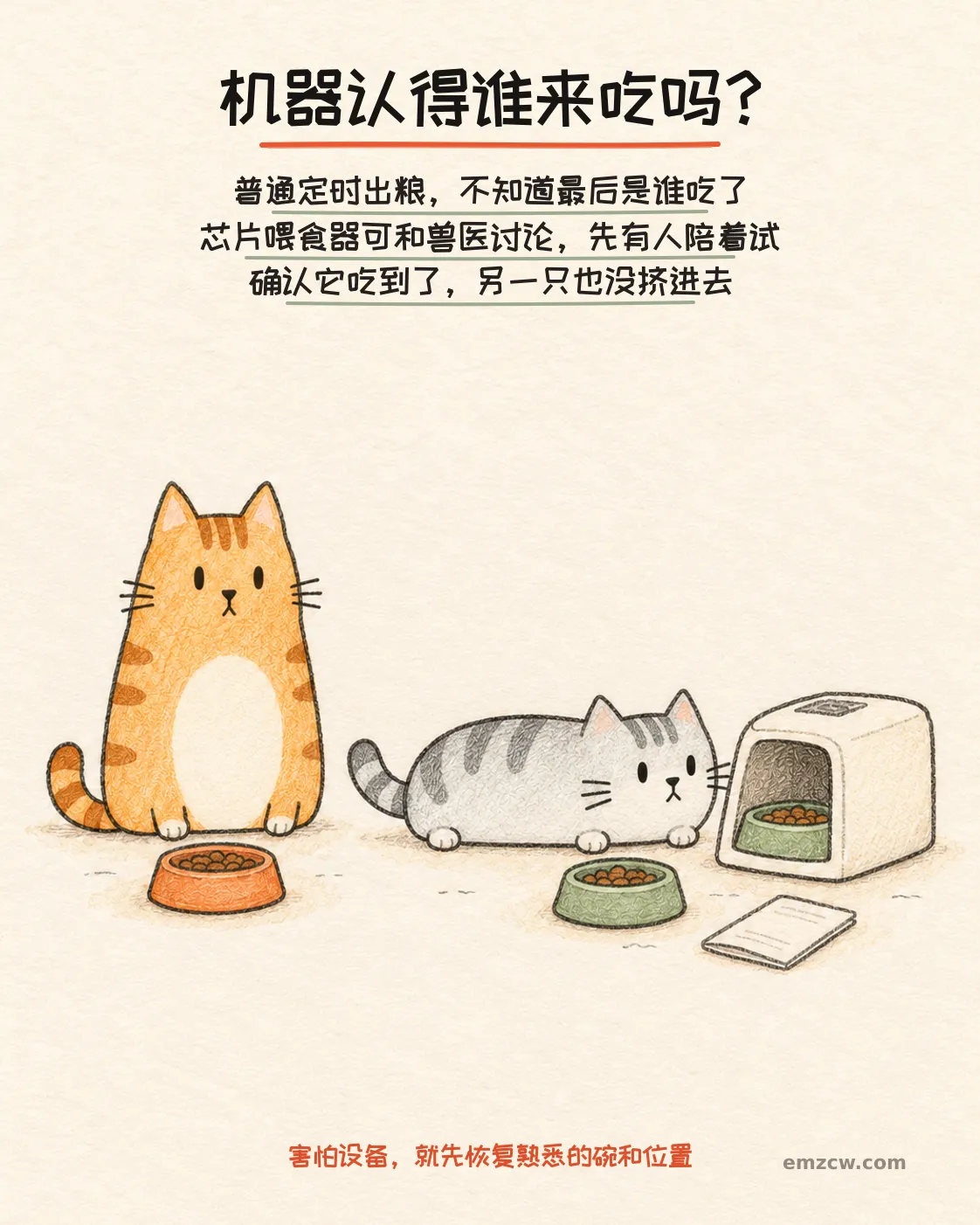 二猫子一只在同伴陪伴下从外面查看个体识别喂食器,前方仍有熟悉的水绿色饭碗,说明设备需有人试用并确认实际吃到,害怕时退回熟悉安排