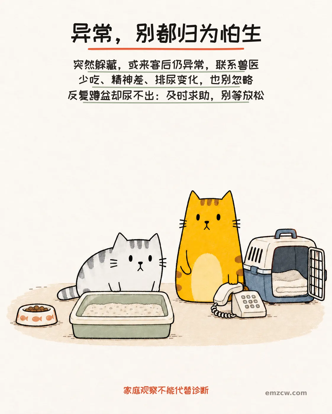 二猫子一只在砂盆旁,另一只守着电话和打开的航空箱,说明突然或持续异常要联系兽医,反复蹲盆却尿不出时不要等它放松