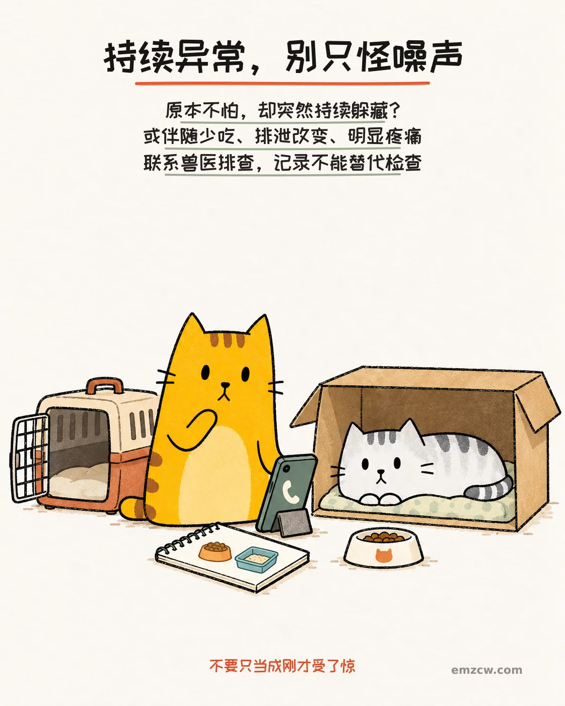 二猫子一只在纸箱里未动饭碗,另一只守着电话、记录本和打开的航空箱,说明持续异常或伴随少吃、排泄改变、疼痛要联系兽医