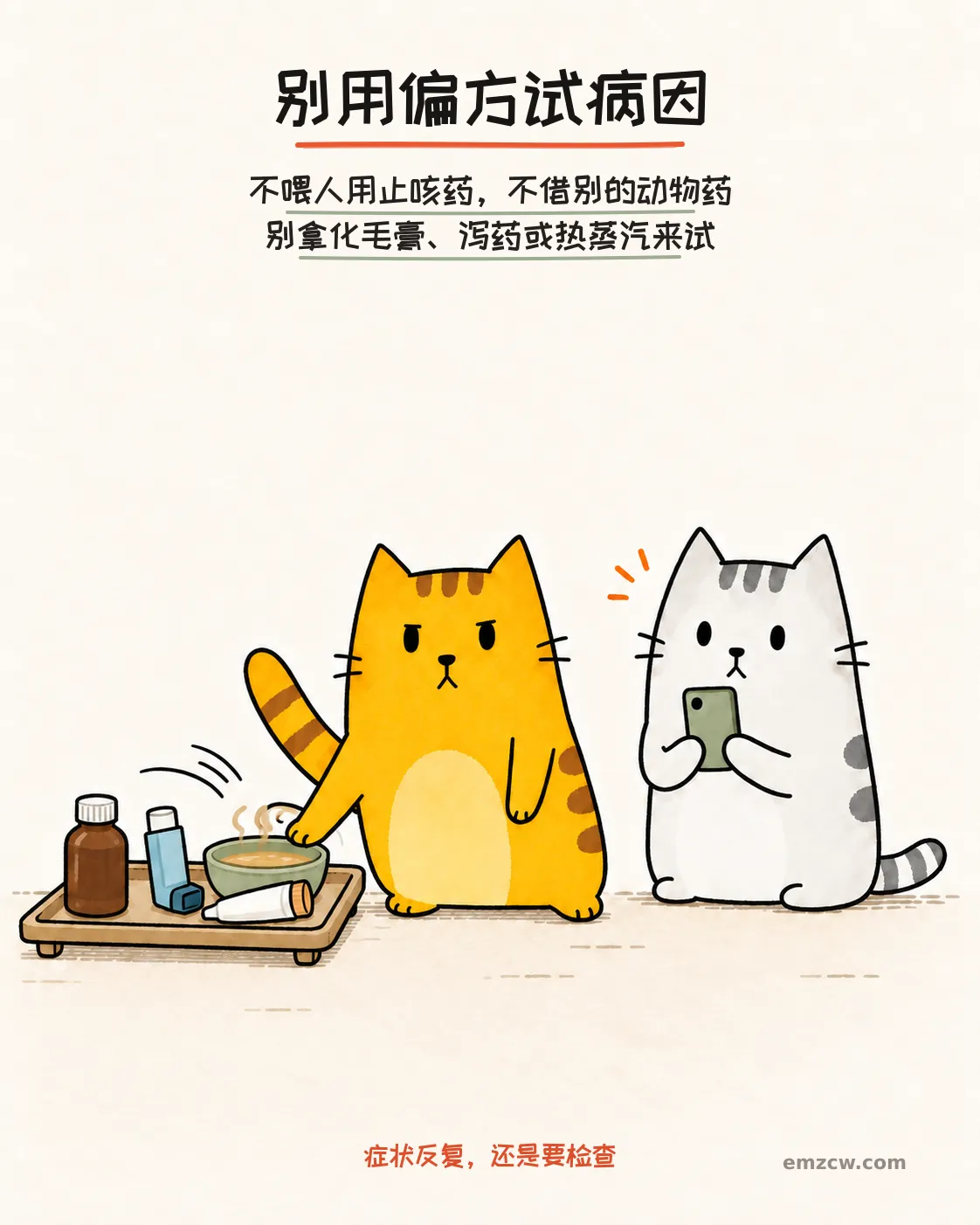二猫子把人用止咳药、别的动物的吸入药、化毛产品和热蒸汽推开,并准备电话联系诊所
