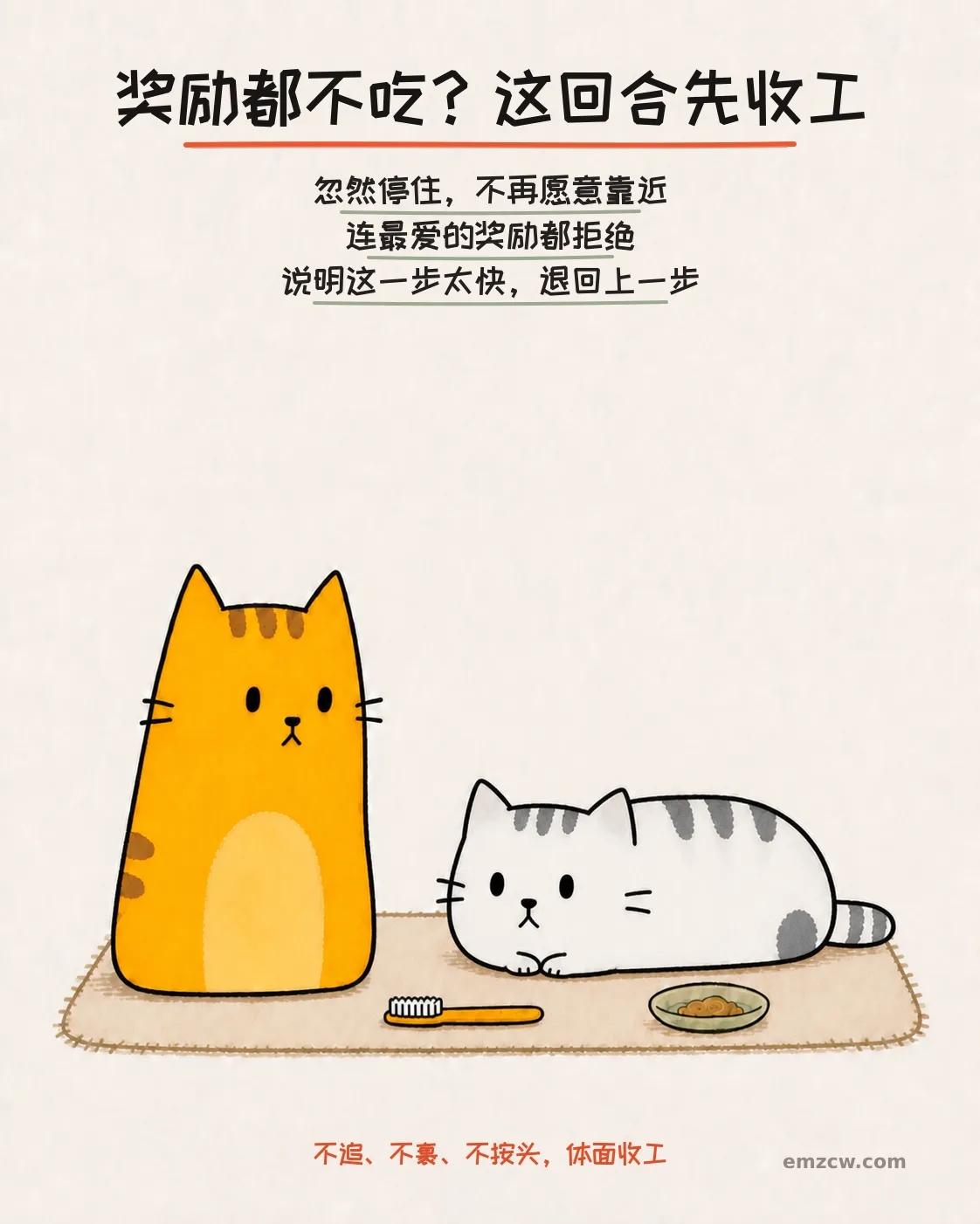 银渐层收紧身体且没有吃奖励,橘猫把牙刷放下,演示看到拒绝信号就暂停退阶