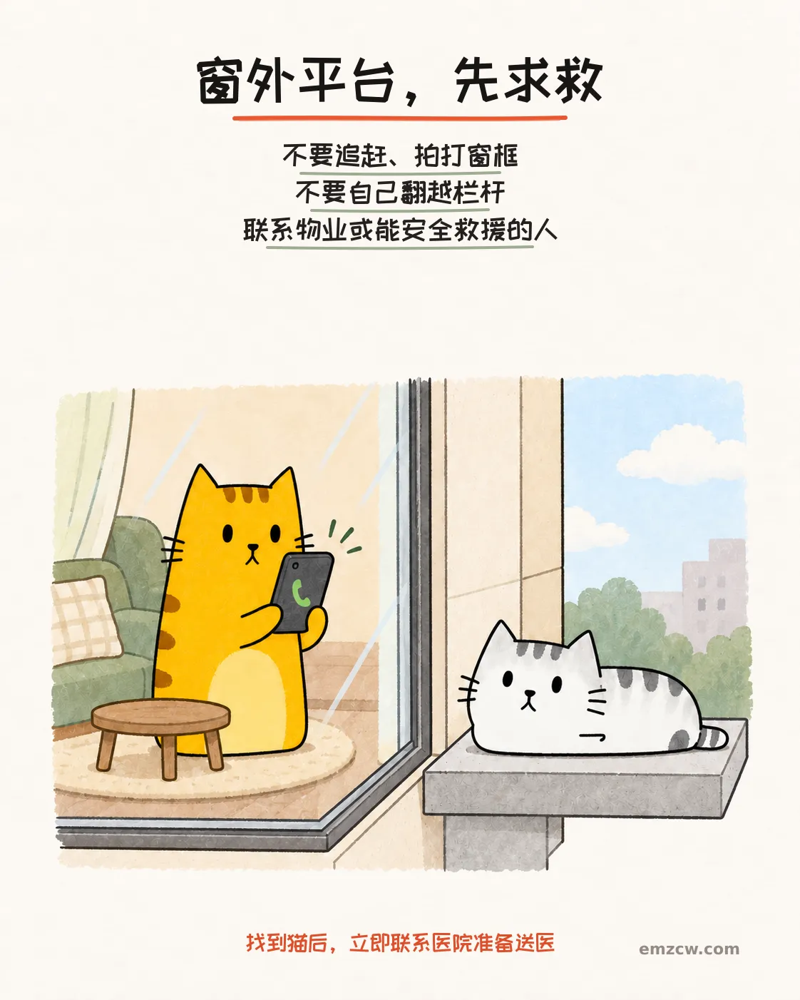 二猫子一只待在窗外的平台上,另一只留在室内打电话求助,说明不要追赶或自行翻越栏杆