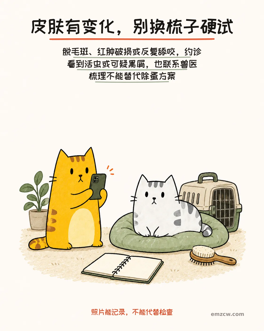 二猫子一只隔着距离用手机记录同伴,梳毛刷放在一旁,说明脱毛斑、红肿破损或反复舔咬要预约兽医检查