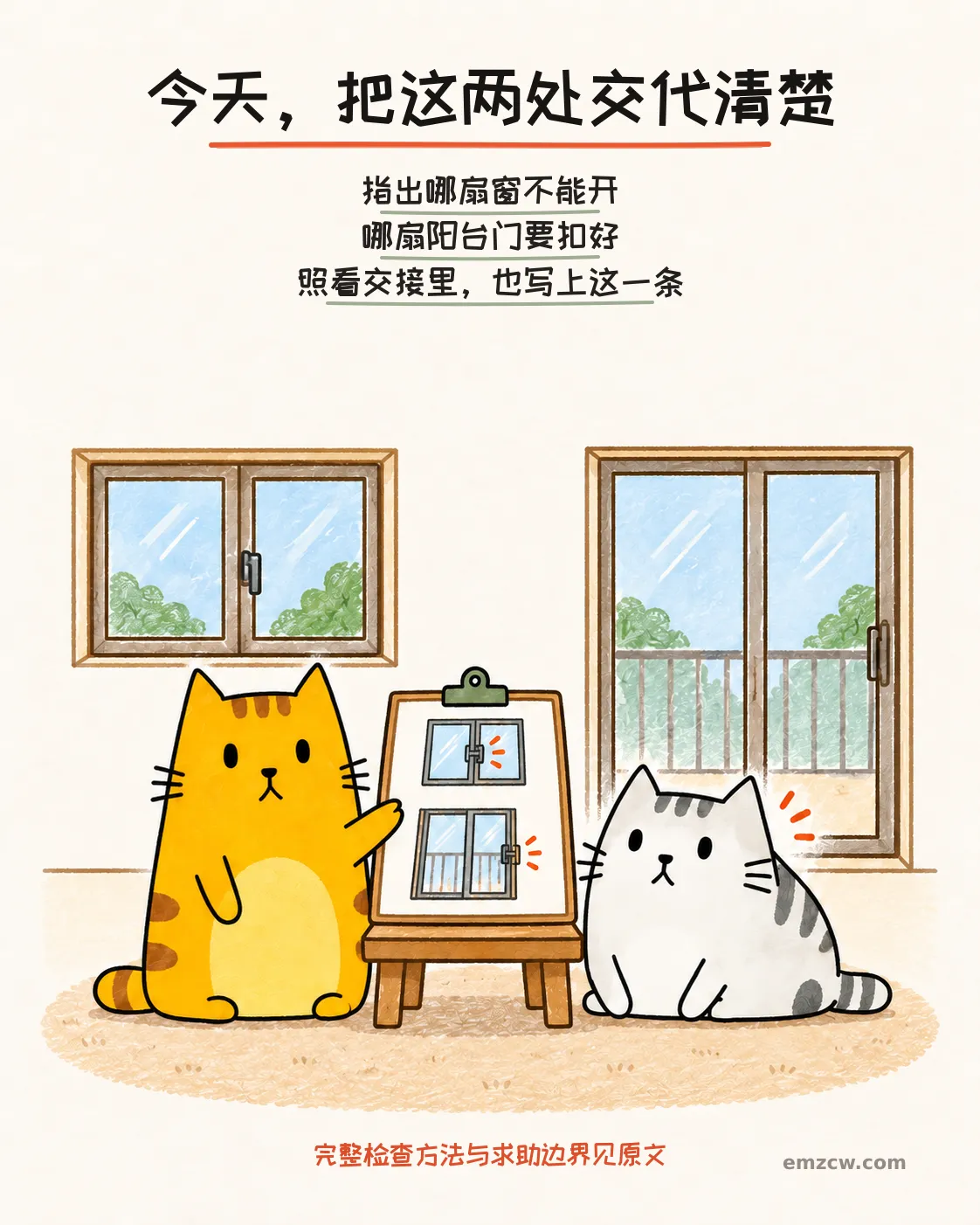 二猫子一起查看画有关闭窗户和阳台门的交接单,说明要指出哪扇窗不能开、哪扇阳台门要扣好